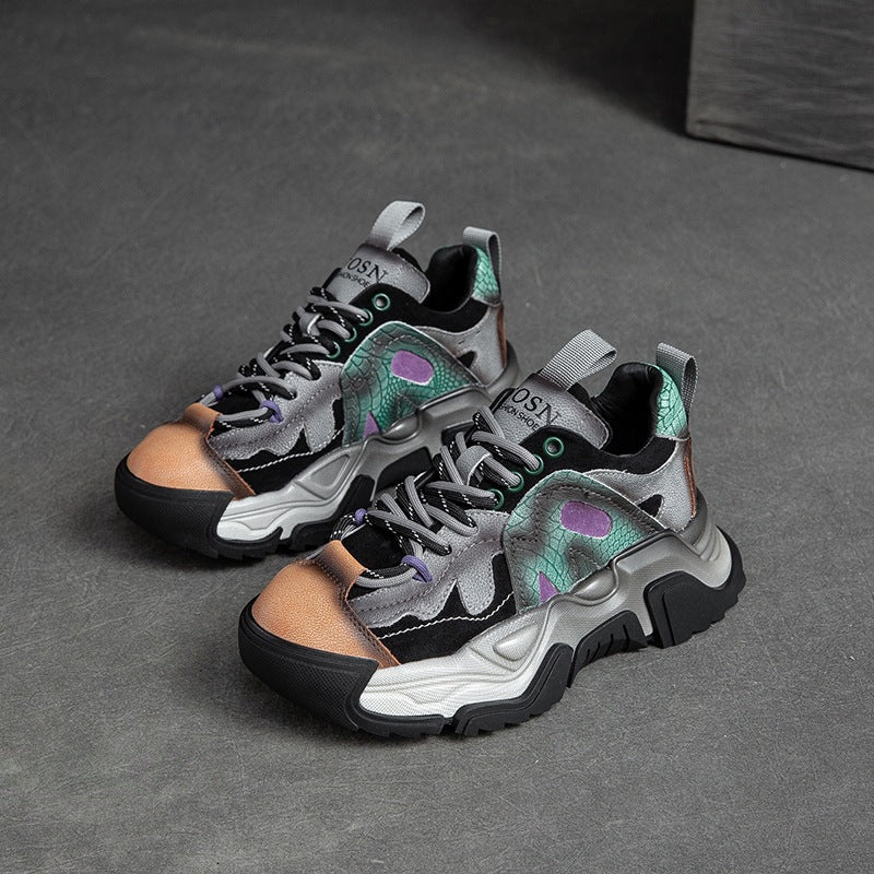 Women Patchwork Leather Retro Platform Dad Sneakers-RAIIFY