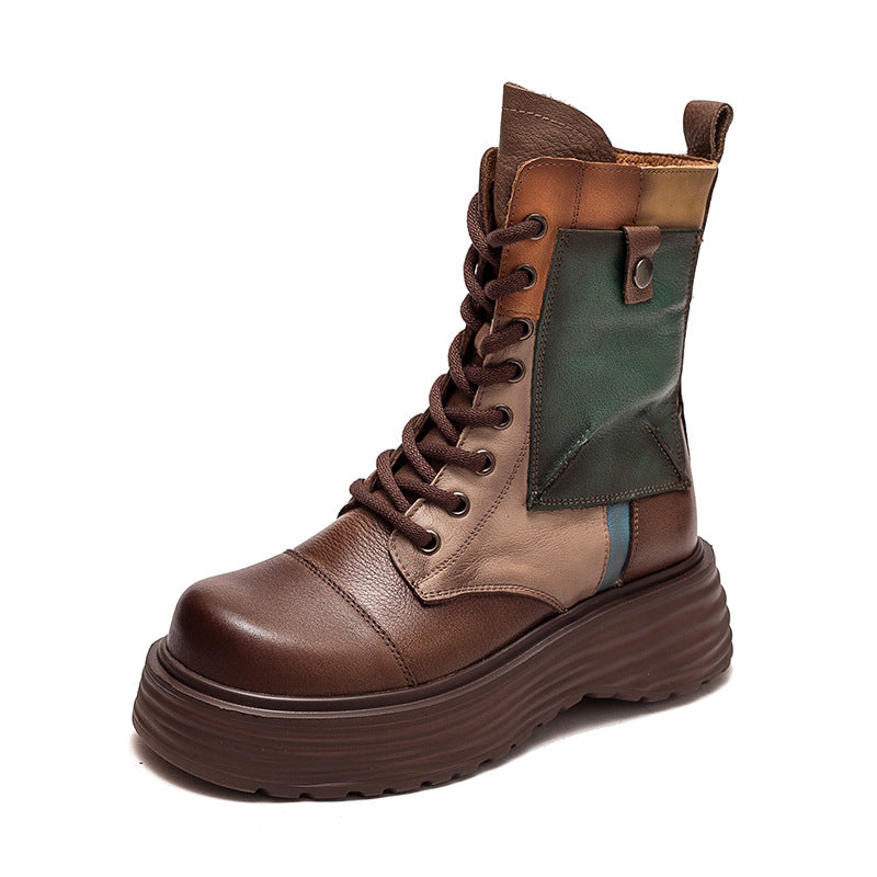Women Retro Patchwork Leather Platform Combat Boots-RAIIFY