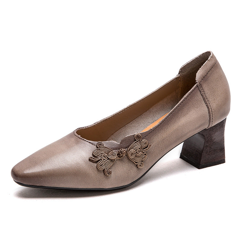 Women Retro Leather Point Toe Chunky Heel Pumps-RAIIFY