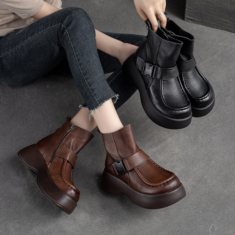 Women Retro Minimalist Leather Platform Boots-RAIIFY