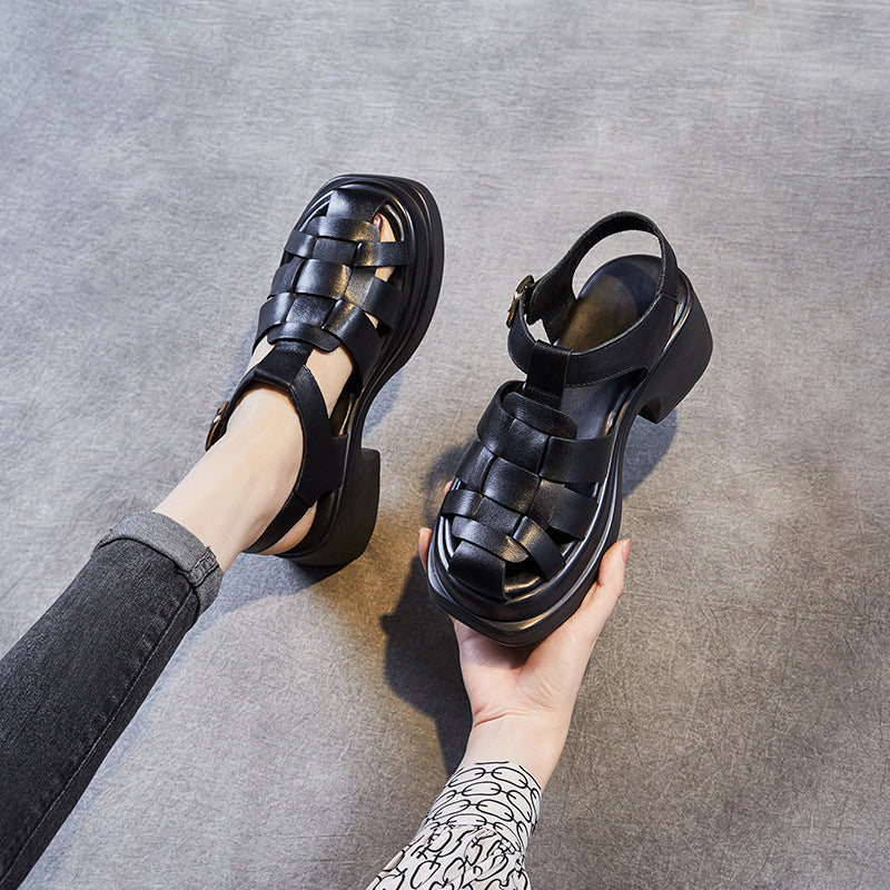 Women Handcraft Plaited Leather Chunky Lug Sole Sandals-RAIIFY