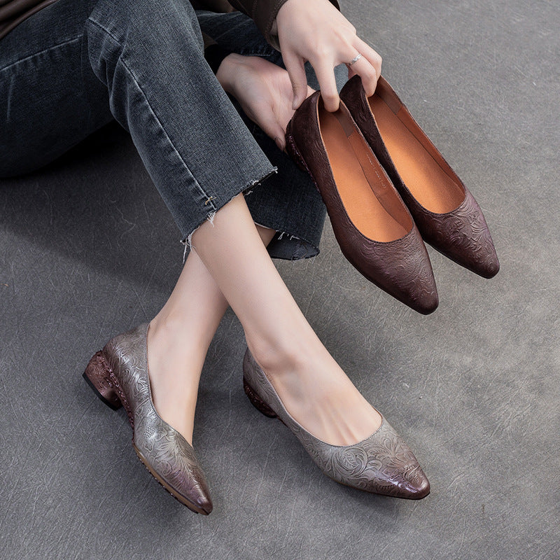 Women Retro Embossed Leather Chunky Heel Pumps Shoes-RAIIFY