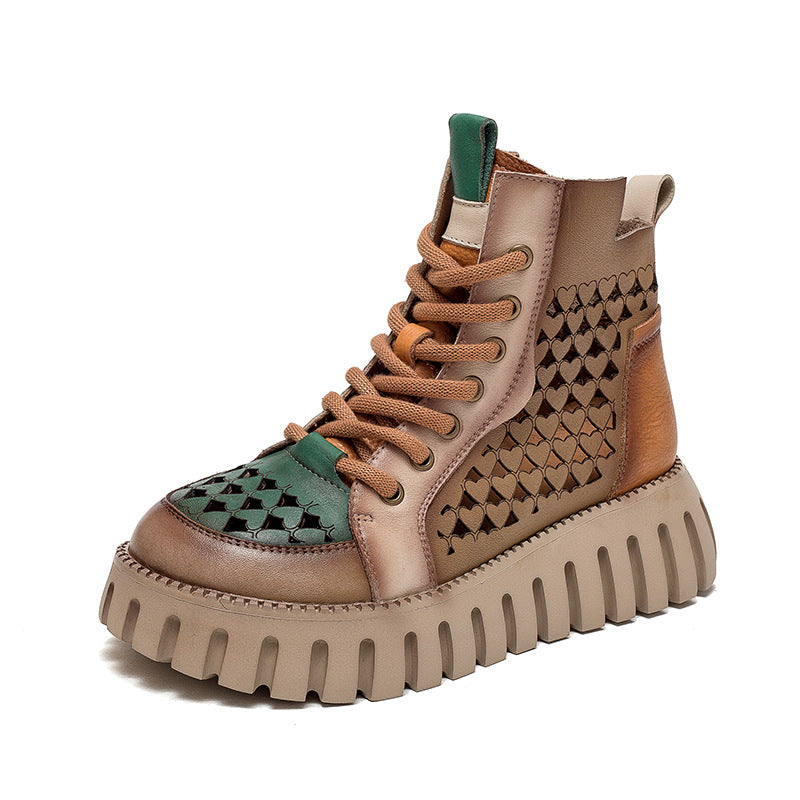 Women Casual Summer Patchwork Hollow Leather Boots-RAIIFY