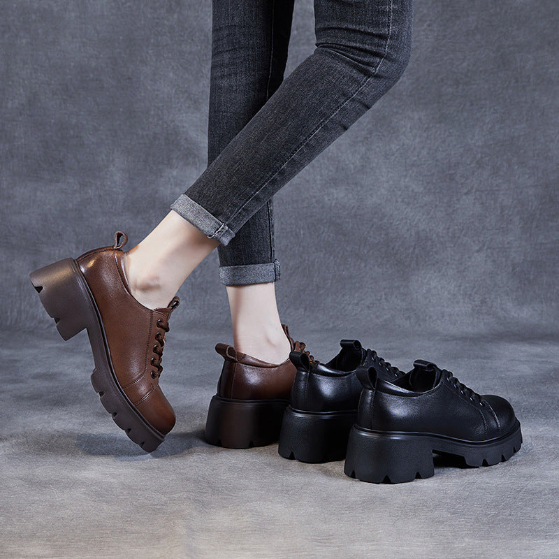 Women Retro Minimalist Leather Chunky Heel Casual Shoes-RAIIFY