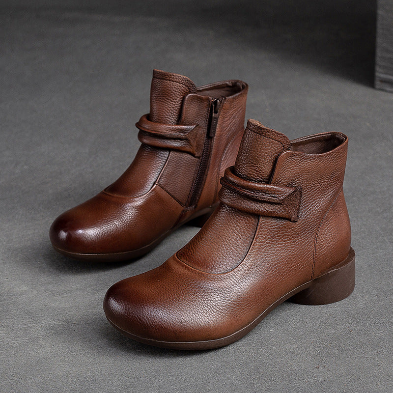 Women Retro Leather Low Heel Ankle Boots-RAIIFY