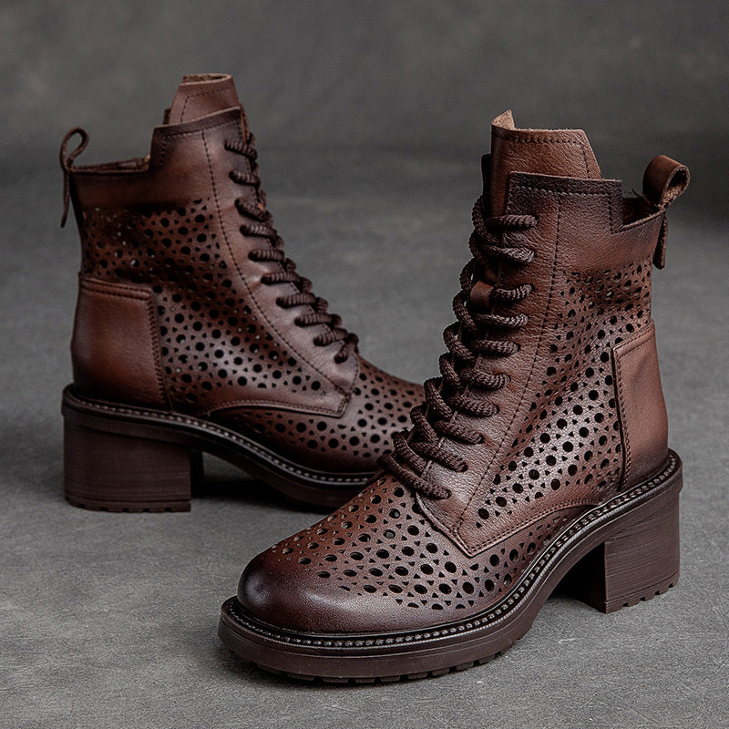 Women Retro Hollow Leather Patchwork Chunky Heel Boots-RAIIFY