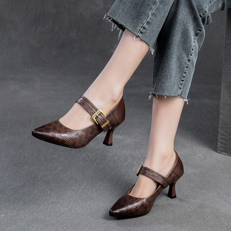 Women Leather Pointed Toe High Heel Pumps Dress Shoes-RAIIFY