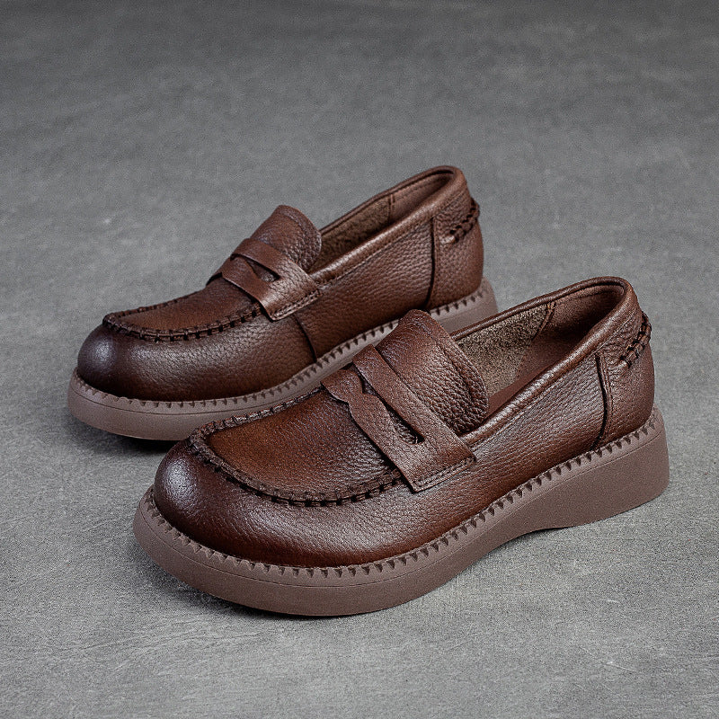 Women Retro Soft Solid Leather Flat Casual Loafers-RAIIFY