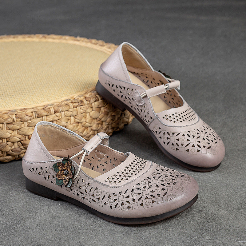 Women Summer Hollow Soft Leather Flats-RAIIFY
