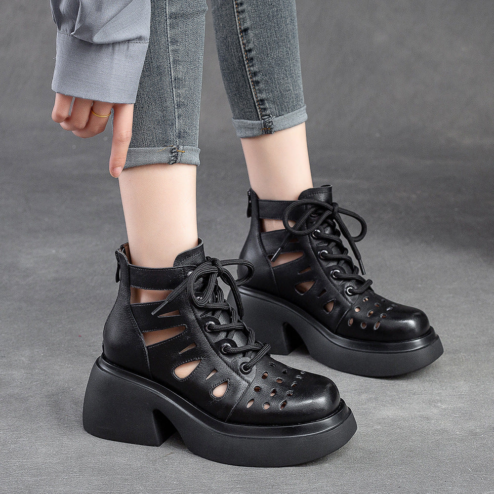 Women Summer Hollow Leather Chunky Heel Ankle Boots-RAIIFY