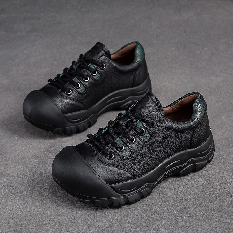 Women Retro Minimalist Leather Round Head Casual Shoes-RAIIFY