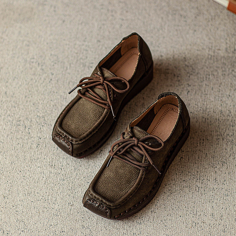 Women Retro Leather Square Head Low Wedge Shoes-RAIIFY