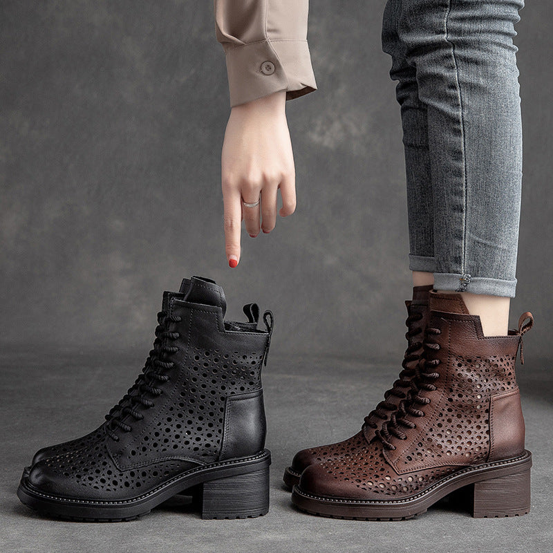 Women Retro Hollow Leather Patchwork Chunky Heel Boots-RAIIFY