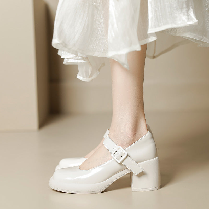 Women Casual Leather Chunky Heel Mary Jane Shoes-RAIIFY