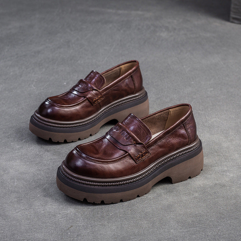 Women Retro Leather Thick Soled Casual Loafers-RAIIFY
