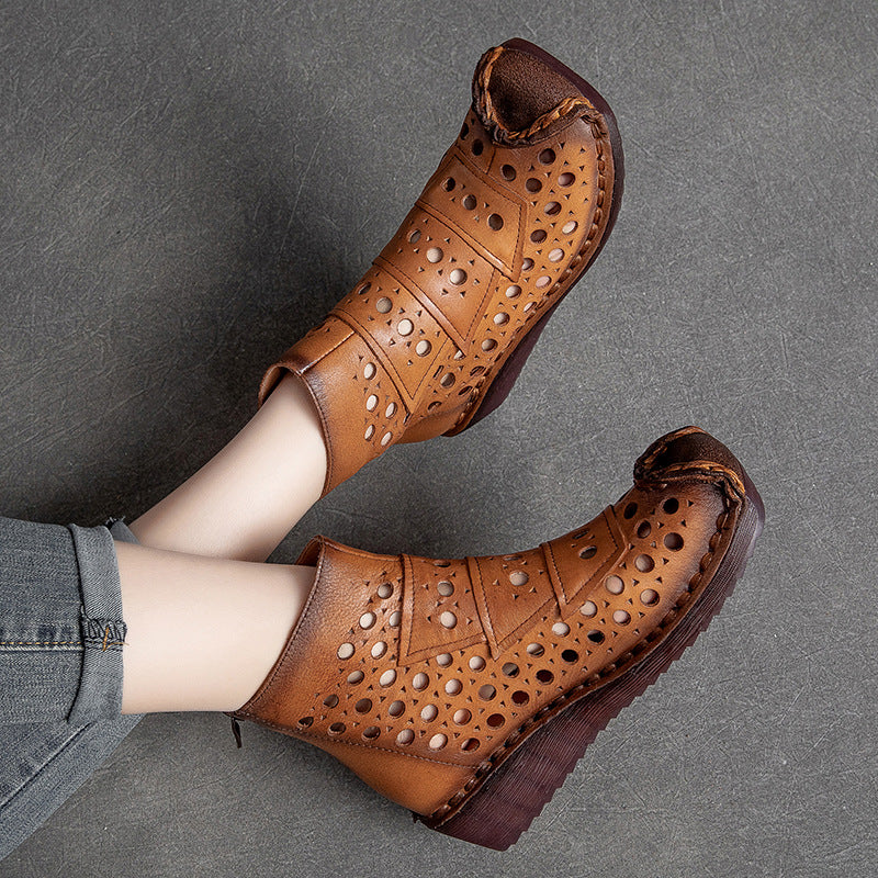 Women Summer Hollow Leather Low Wedge Boots-RAIIFY