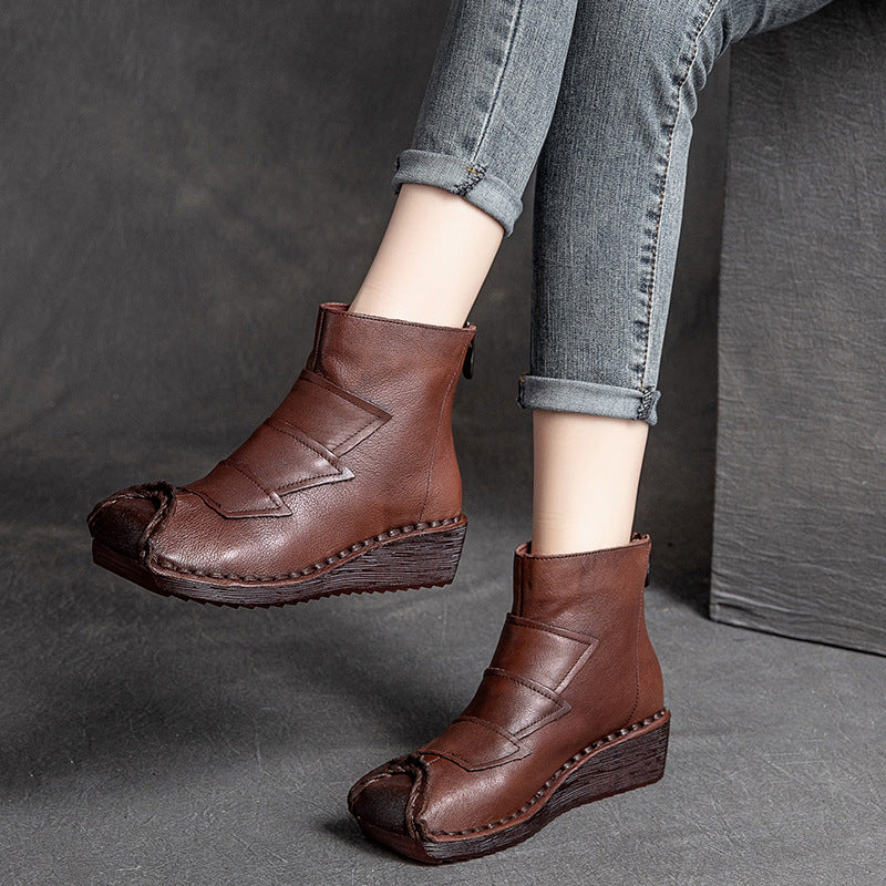 Women Retro Cowhide Low Wedge Casual Boots-RAIIFY
