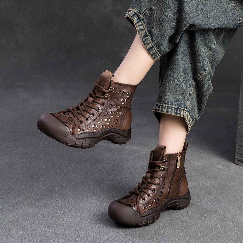 Women Retro Breathable Hollow Leather Casual Boots-RAIIFY