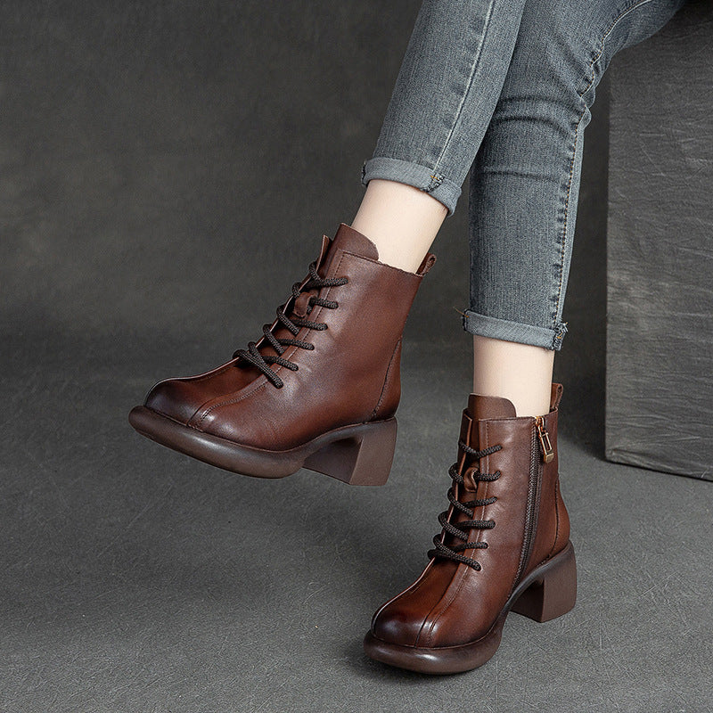 Women Retro Leather Chunky Heel Boots-RAIIFY