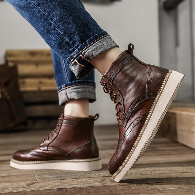 Men Retro Polished Carve Cowhide Leather Boots-RAIIFY