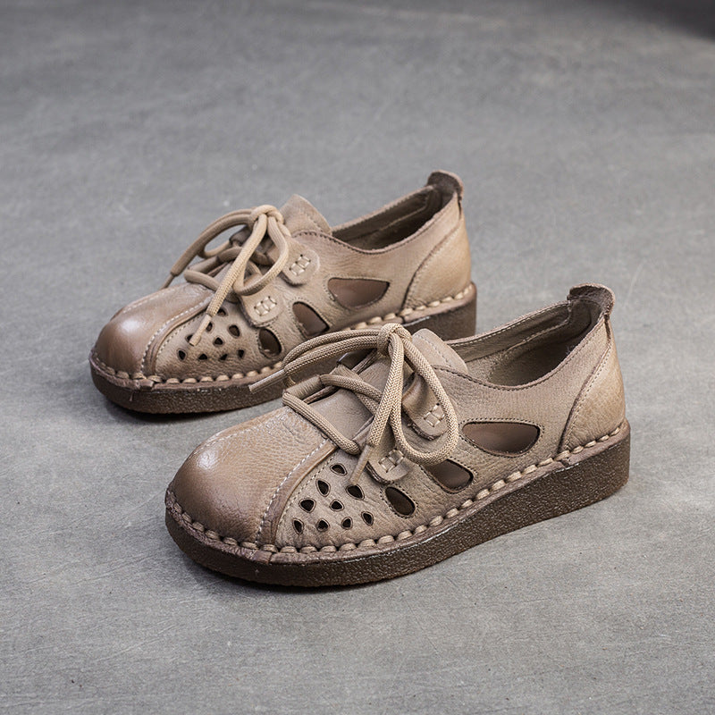 Women Retro Hollow Leather Flat Casual Shoes-RAIIFY