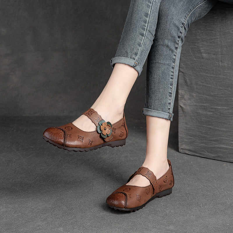 Women Summer Retro Flower Leather Flats Shoes-RAIIFY
