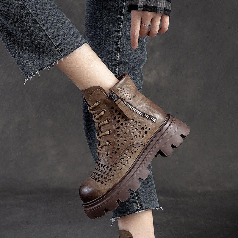 Women Summer Hollow Leather Lug Sole Boots-RAIIFY