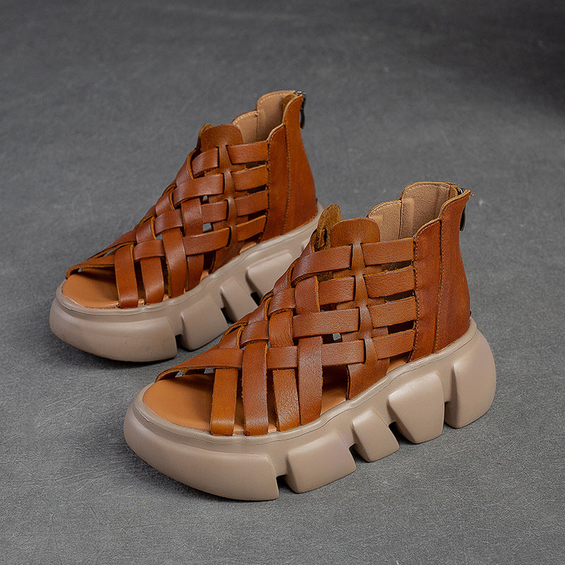 Women Summer Plaited Leather Retro Casual Sandals-RAIIFY