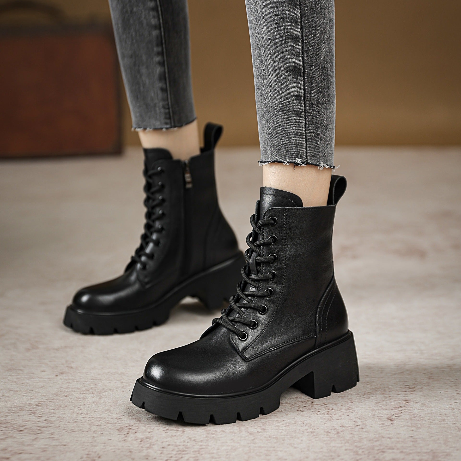 Women Classic Minimalist Leather Chunky Platform Combat Boots-RAIIFY