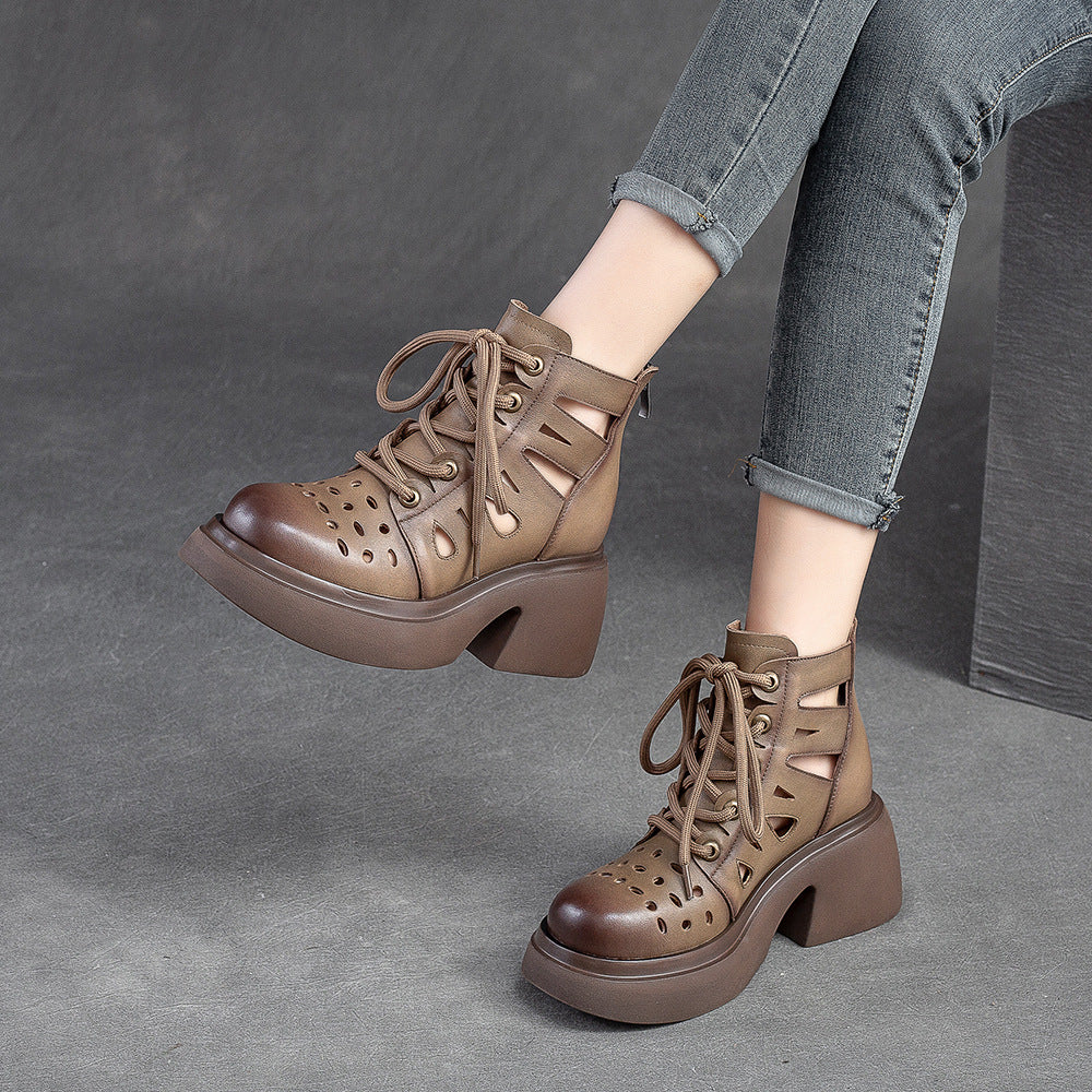 Women Summer Hollow Leather Chunky Heel Ankle Boots-RAIIFY