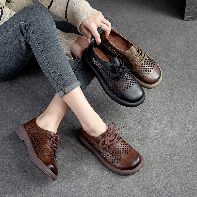 Women Summer Retro Hollow Leather Flat Casual Shoes-RAIIFY