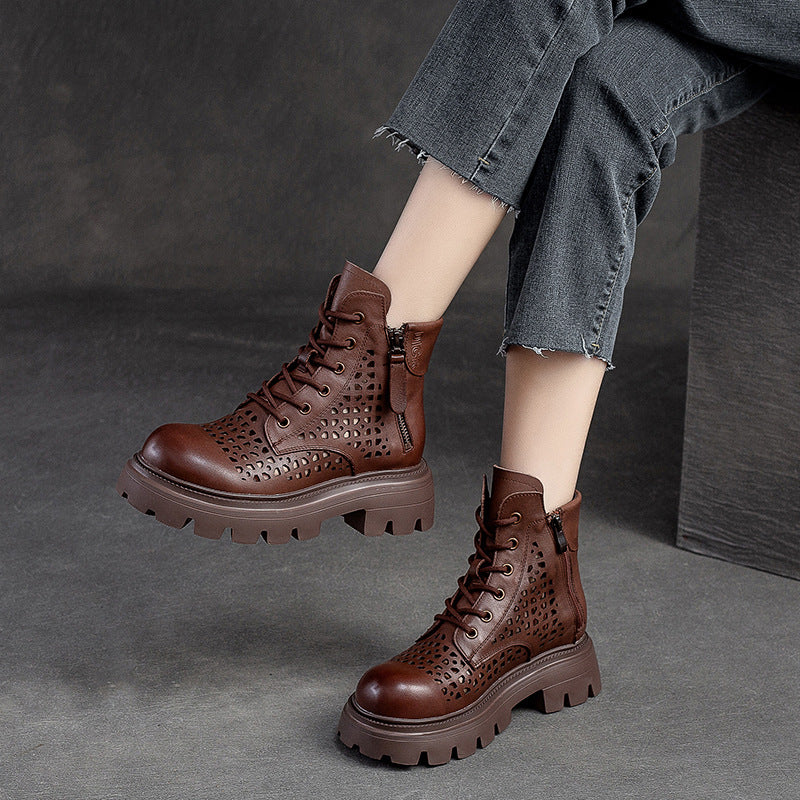 Women Summer Hollow Leather Lug Sole Boots-RAIIFY