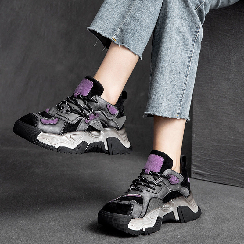 Women Retro Patchwork Leather Dad Sneakers-RAIIFY