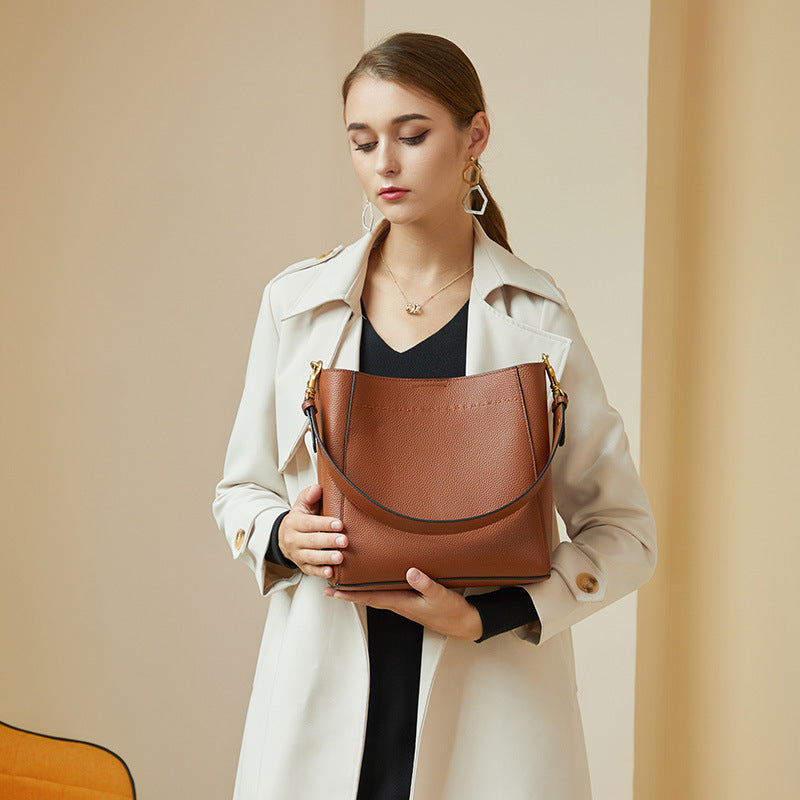 Women Retro Minimalist Leather Bucket Shoulder Bag-RAIIFY
