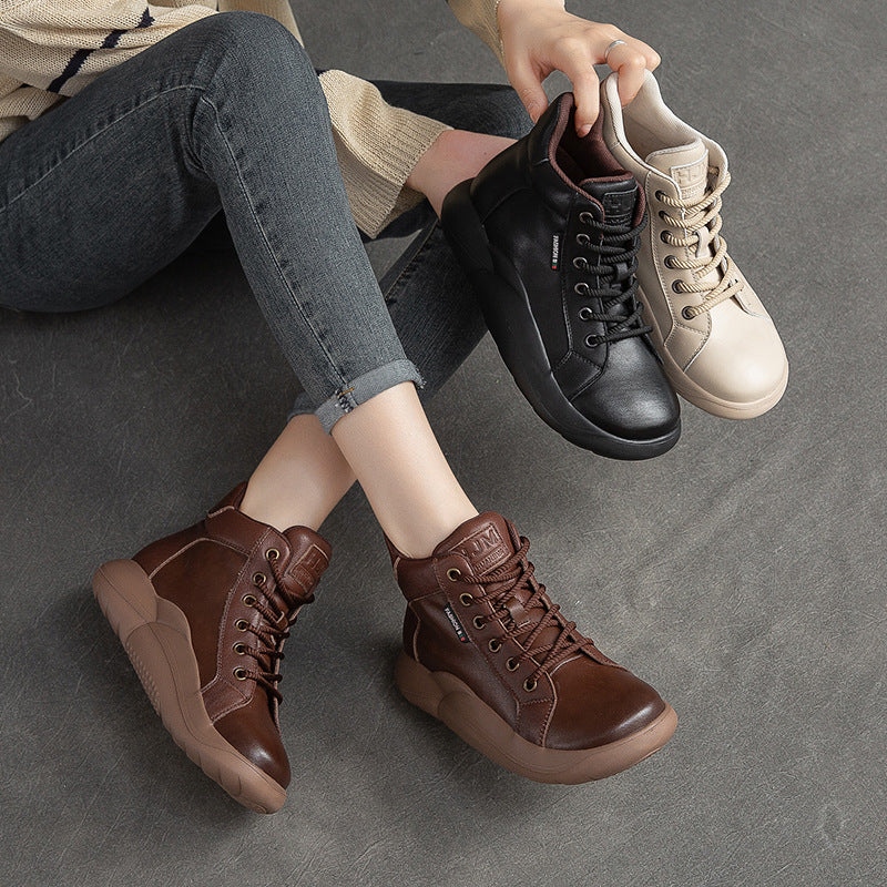 Women Lace-Up Casual Fashion Leather Flat Ankle Boots-RAIIFY