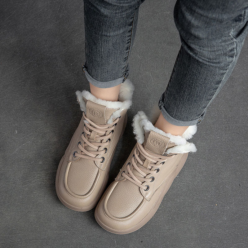 Women Casual Leather Woolen Snow Boots-RAIIFY