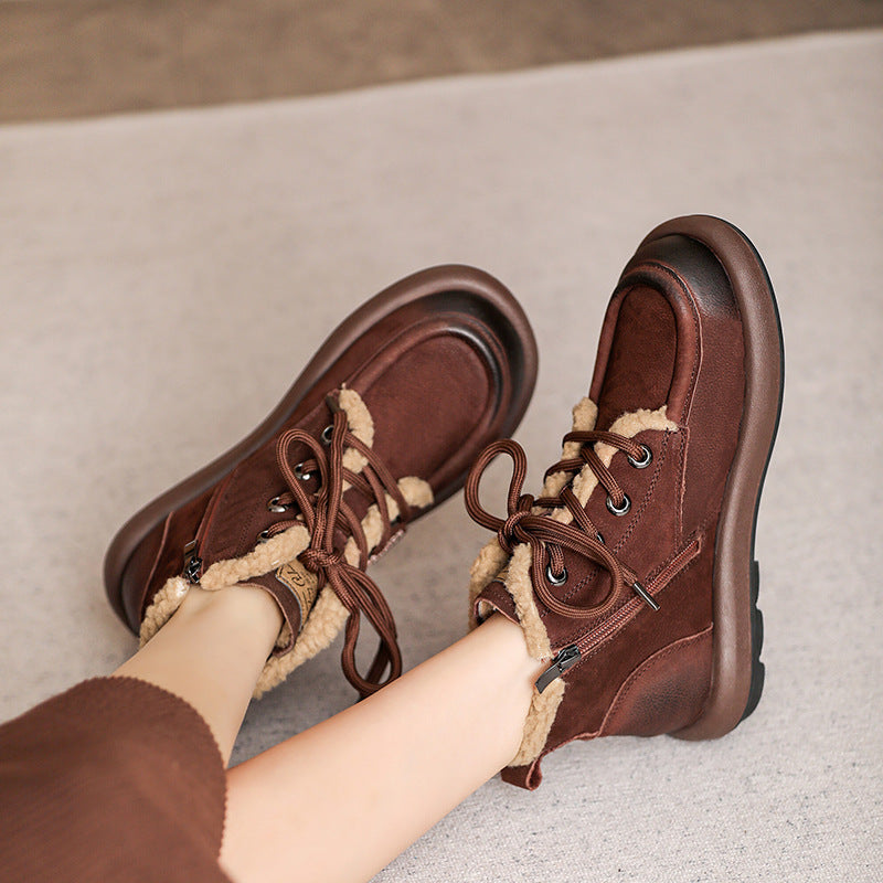Women Retro Patchwork Leather Flat Winter Furred Boots-RAIIFY