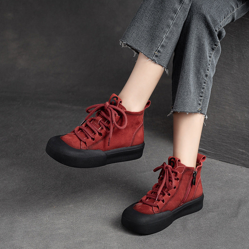 Women Retro Solid Leather Flat Casual Boots-RAIIFY