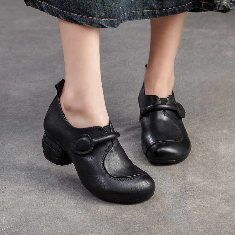 Women Retro Leather Minimliast Chunky Heel Pumps-RAIIFY