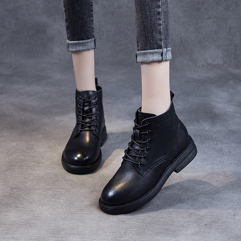 Women Solid Casual Leather Flat Boots-RAIIFY