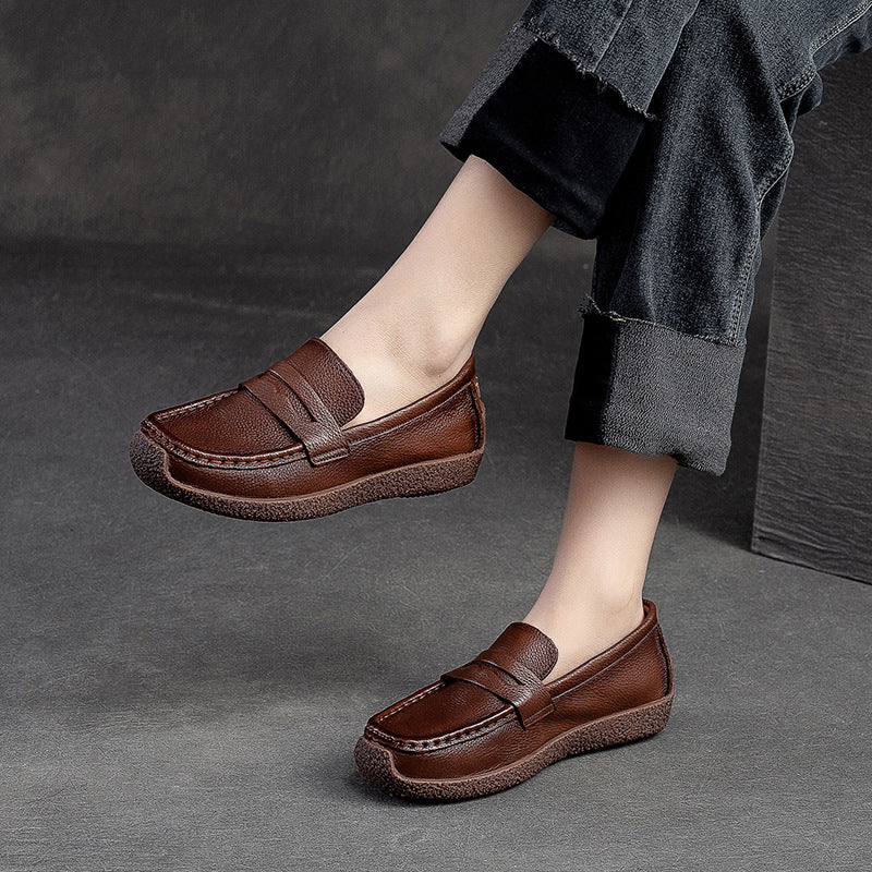 Women Retro Solid Leather Flat Casual Loafers-RAIIFY