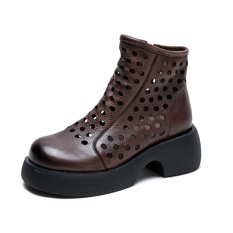 Women Minimalist Hollow Leather Chunky Platform Boots-RAIIFY