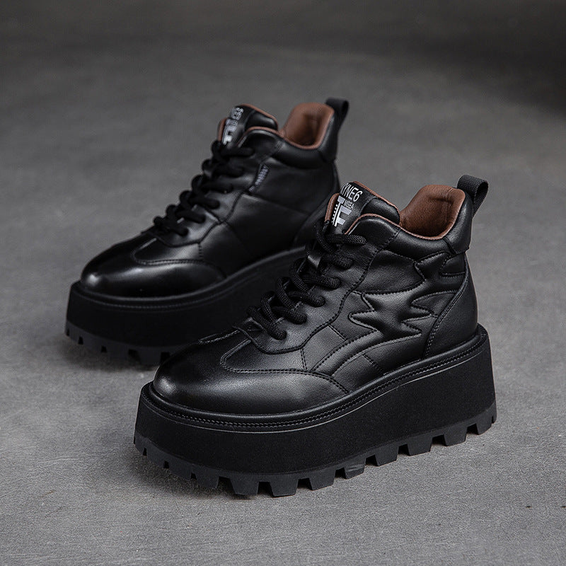 Women Minimalist Cowhide Chunky Platform Casual Shoes-RAIIFY