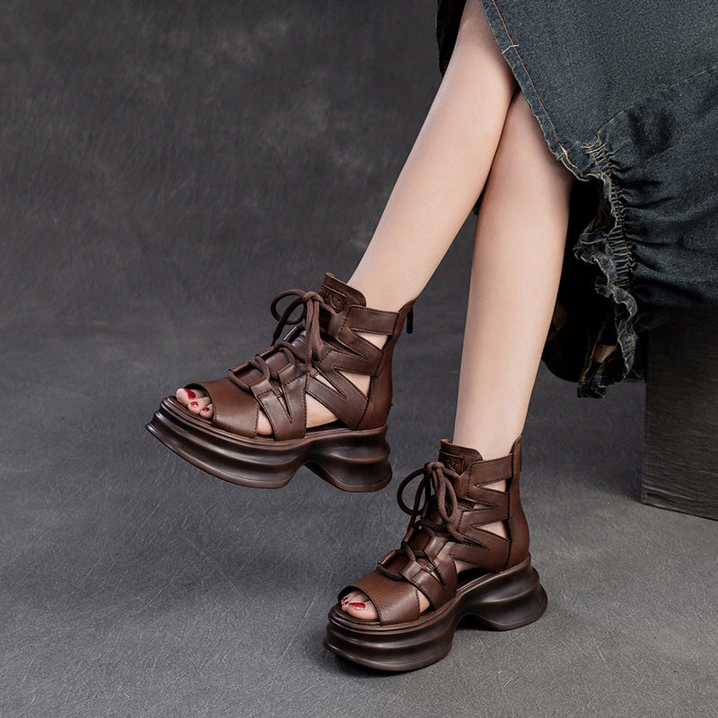 Women Retro High Top Leather Platform Sandals-RAIIFY