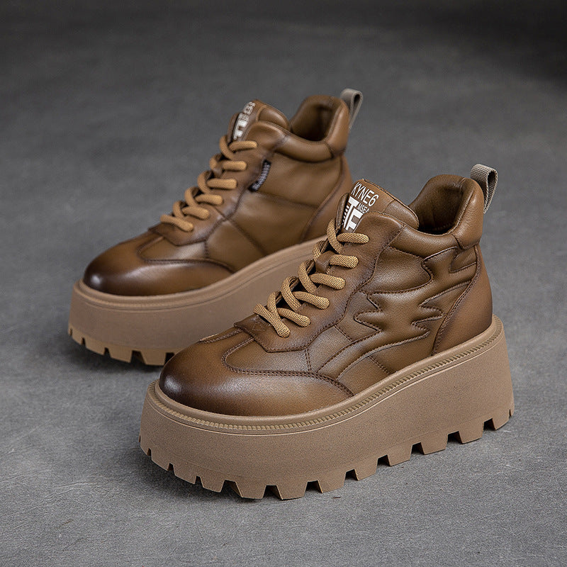 Women Minimalist Cowhide Chunky Platform Casual Shoes-RAIIFY