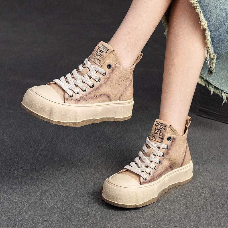 Women Fashion Cowhide Lace-up Casual Flat Ankle Boots-RAIIFY
