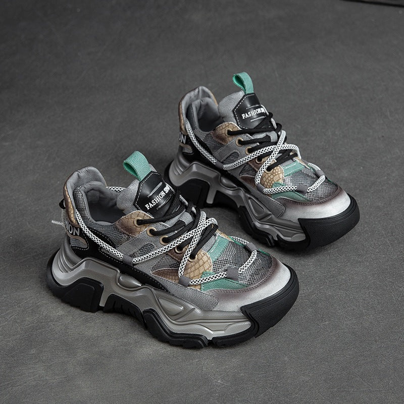 Women Retro Patchwork Fashion Leather Platform Dad Sneakers-RAIIFY