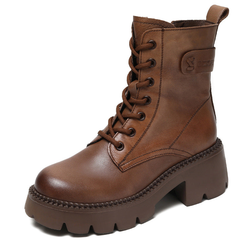Women Retro Soft Leather Chunky Heel Boots-RAIIFY