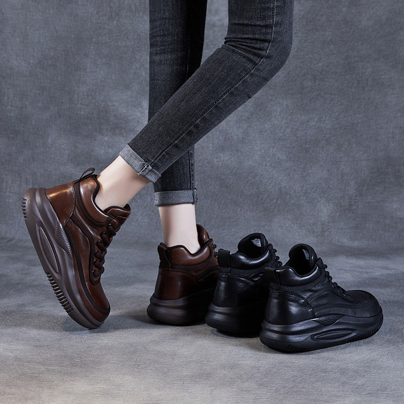 Women Retro Leather High-Top Thick Soled Casual Shoes-RAIIFY
