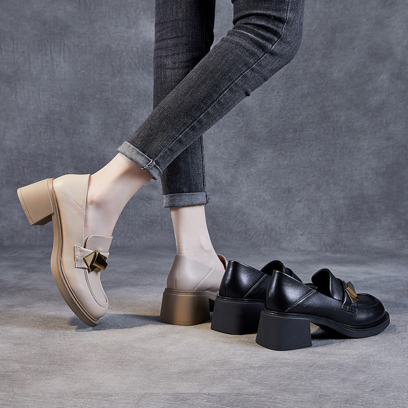 Women Cowhide Metal Patchwork Chunky Heel Loafers-RAIIFY